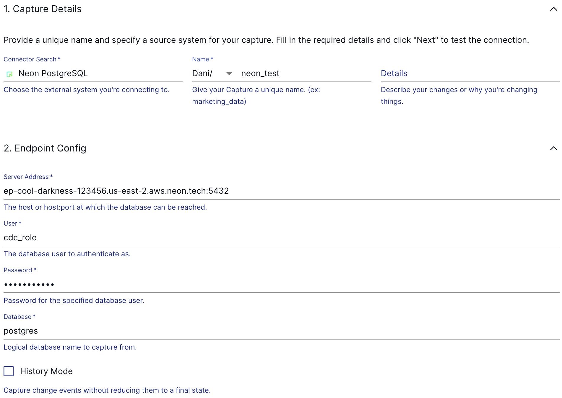 Configuring Neon capture in Estuary Flow