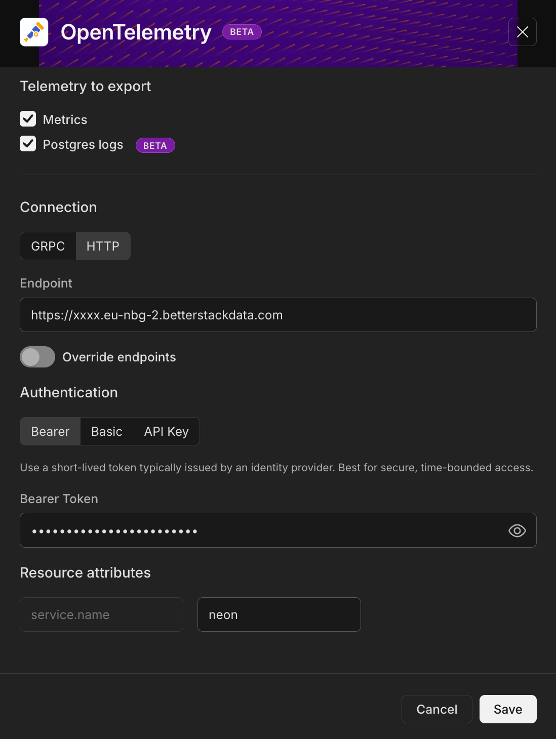 Configuring the Neon OpenTelemetry integration with Better Stack credentials