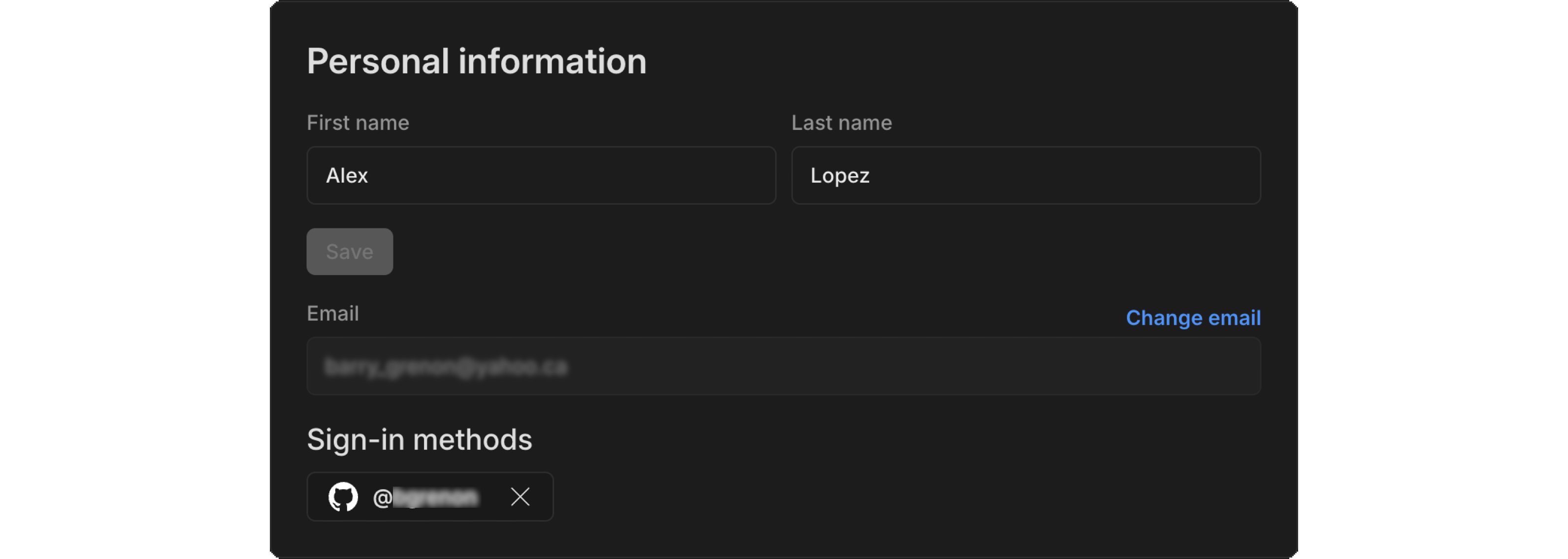 Personal information section in Account settings